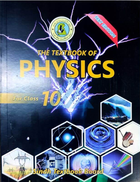 Class 10 Physics textbook by Sindh Textbook Board with lightning graphic and science illustrations on the cover.