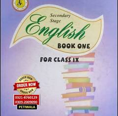 "Front cover of the Secondary Stage English Book One for Class IX, featuring a purple background and an illustration of stacked colorful books."