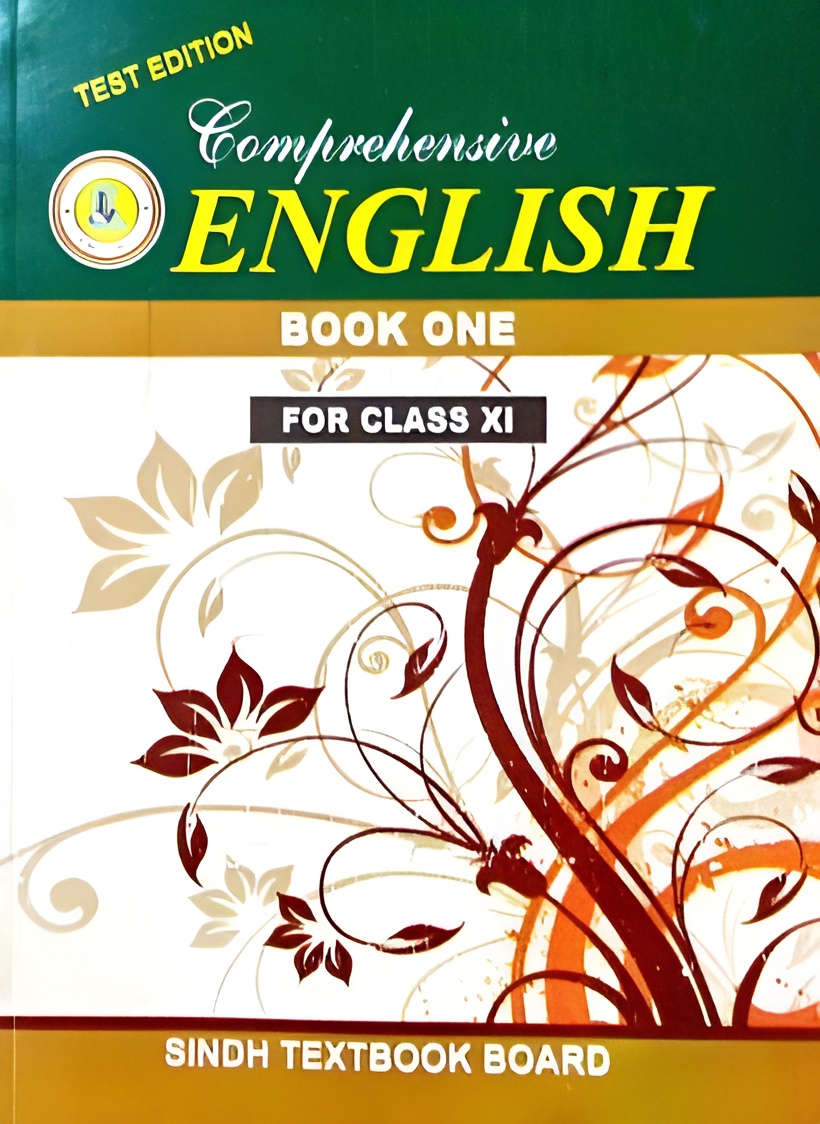 “Comprehensive English Book One for Class XI by Sindh Textbook Board – front cover with floral design in green and beige colors.”