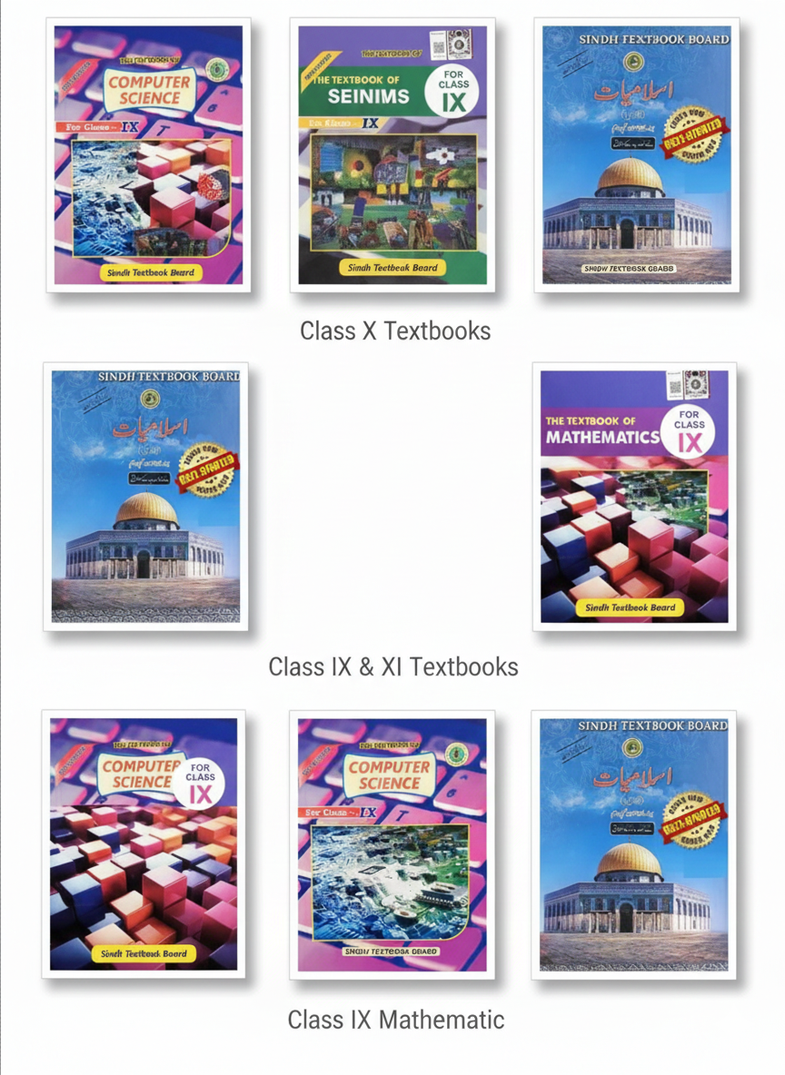 "Collection of Sindh Textbook Board Class IX and X textbooks displayed in three rows, including Computer Science, Islamiat, Mathematics, and Seienims books with colorful covers."