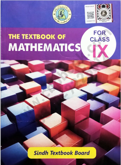 "Cover of a Class IX Mathematics textbook by Sindh Textbook Board, featuring colorful 3D geometric cubes and a purple-themed design."