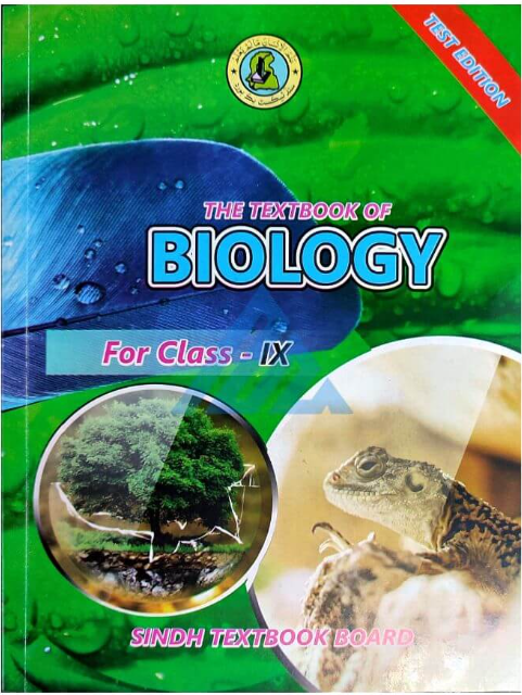 "Front cover of the Class IX Biology textbook by Sindh Textbook Board, featuring a green and blue background with images of animals and nature."